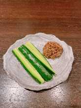 Cucumbers with miso flavored ground beef tongue