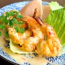 Fried shrimp dressed with mayonnaise