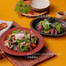 きのことベーコンの大根サラダ 半熟卵添え/さっぱりチョレギサラダ