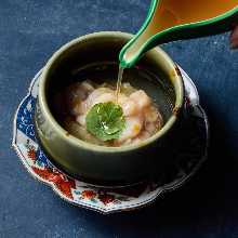 Milt and celery dressed with kelp stoc