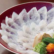 Thinly sliced longtooth grouper sashimi