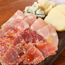 Platter of prosciutto, salami and cheese