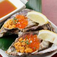 生牡蠣加海膽與鮭魚卵